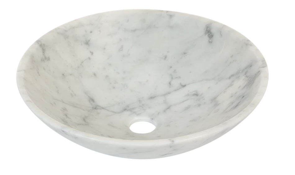 Carrara Marble stone washbasin. Hvit marmor steinvask. Bollevask, bolleservant, steinservant, stein servant, toppmontert. Vessel sink. Porcelain. 